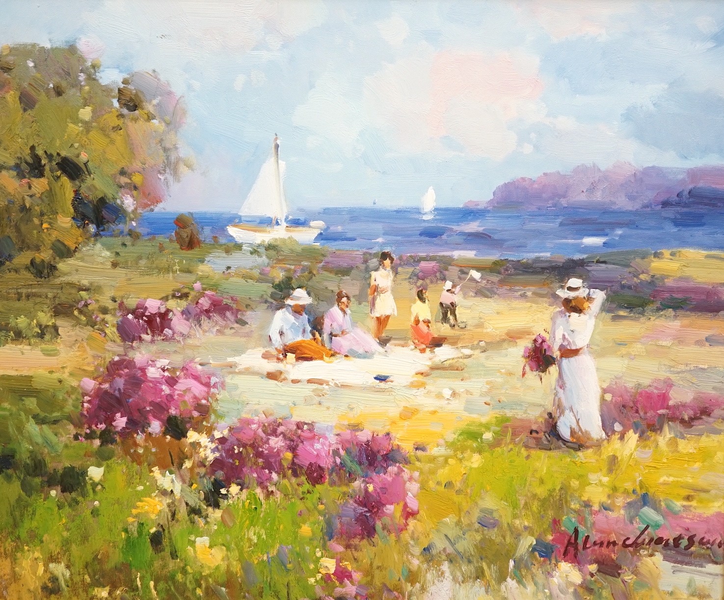 Alan Watson, oil on canvas, Picnickers on the coast, signed, 49 x 59cm